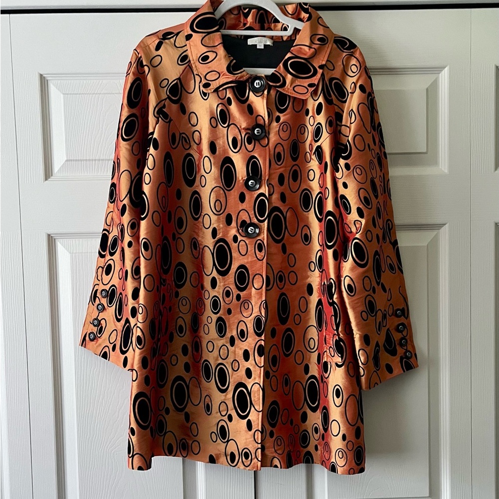 UBU Women’s Moire Orange Patterned Jacket with Black Flocked Design